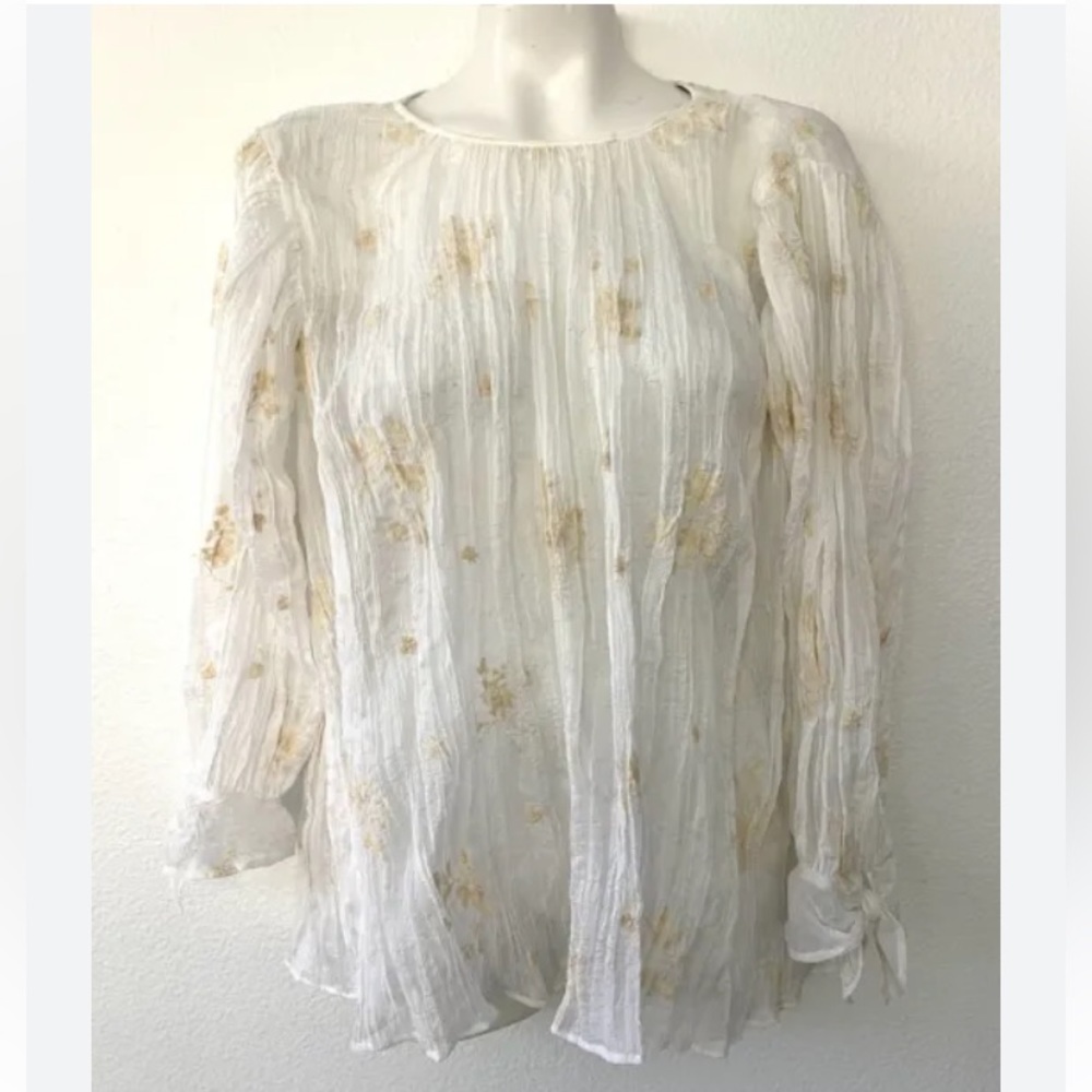 Zara white embroidered crinkle top blouse XS